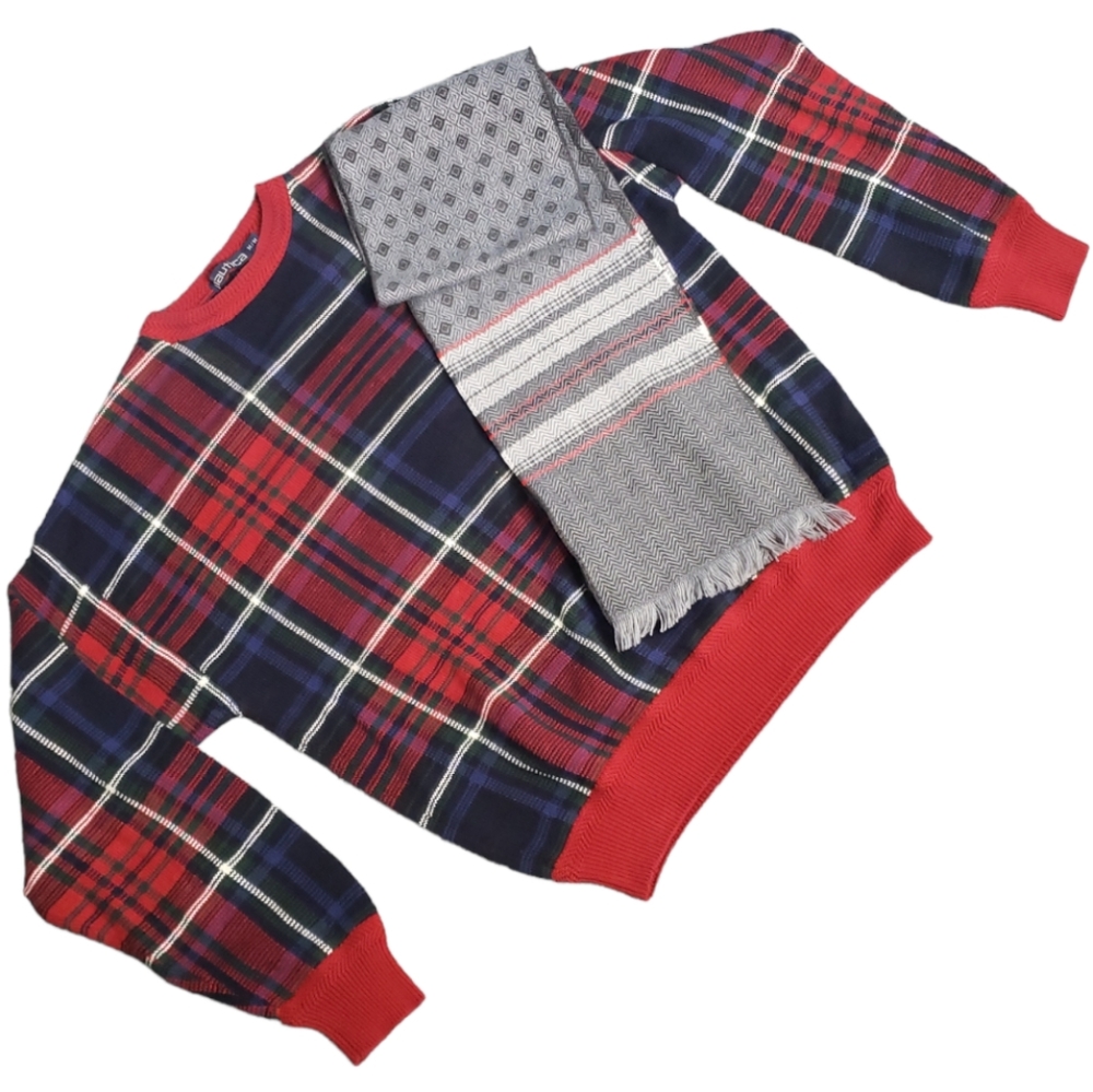 Nautica Crew Neck Plaid Banded Grandpa Ugly Holiday Dark Academia Preppy Sweater